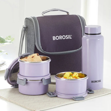 Borosil Glory Lavender Lunch Box Set with 600ml Steel Bottle