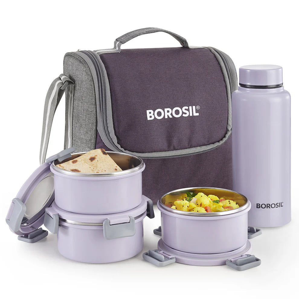 Borosil Glory Lavender Lunch Box Set with 600ml Steel Bottle