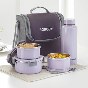 Borosil Glory Lavender Lunch Box Set with SS Bottle