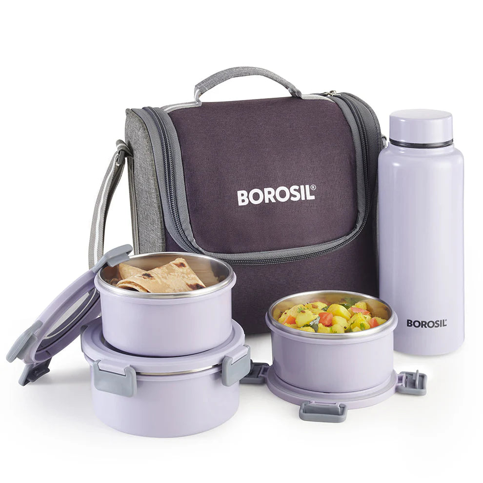 Borosil Glory Lavender Lunch Box Set with SS Bottle