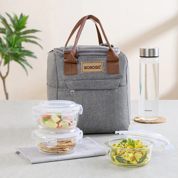 Borosil Pro Glass Lunch Box with Glass Bottle and Carry Bag | Set of 4