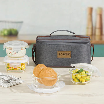Borosil Pro Universal Square Glass Lunch Box | Set of 4, Gray