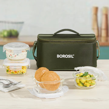 Borosil Eateasy Universal Square Glass Lunch Box | Set of 4, Green