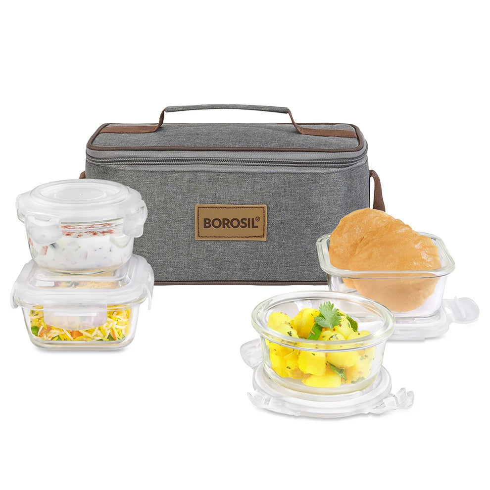 Borosil Pro Universal Square Glass Lunch Box | Set of 4, Gray