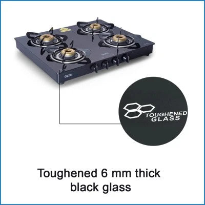 Glen CT1041GTFBBL 4 Burner Glass Gas Stove – 6mm Toughened Black Glass, 4 Forged Brass Burners & Manual Ignition