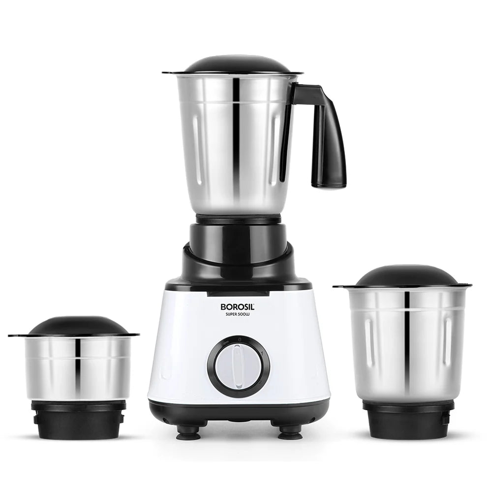 Borosil Super 500W Mixer Grinder with 3 Stainless Steel Jars – Black