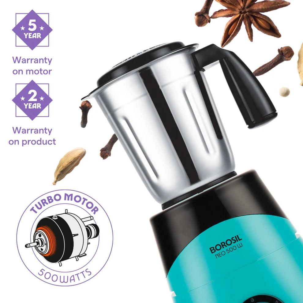 Borosil Neo 3 500W Mixer Grinder with 3 Stainless Steel Jars