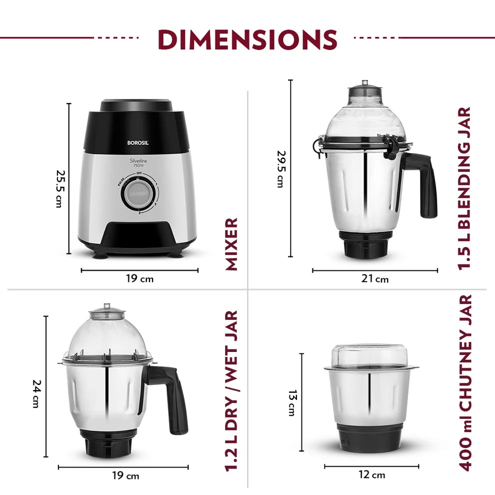 Borosil Silverline 750W Mixer Grinder with 3 Stainless Steel Jars – W17