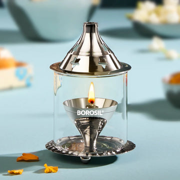 Borosil Akhand Diya – Nickel Finish, Medium Size with Borosilicate Glass Chimney