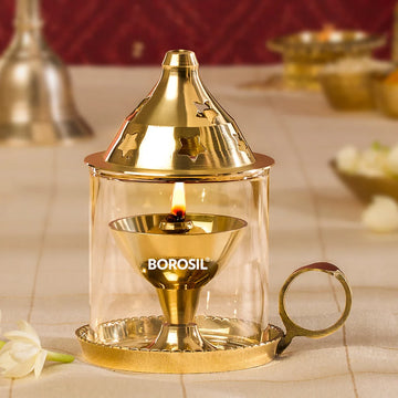 Borosil Mangal Akhand Diya – Small Brass Oil Lamp with Glass Chimney for Puja & Aarti