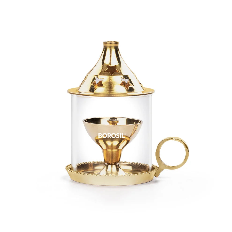 Borosil Mangal Akhand Diya – Small Brass Oil Lamp with Glass Chimney for Puja & Aarti