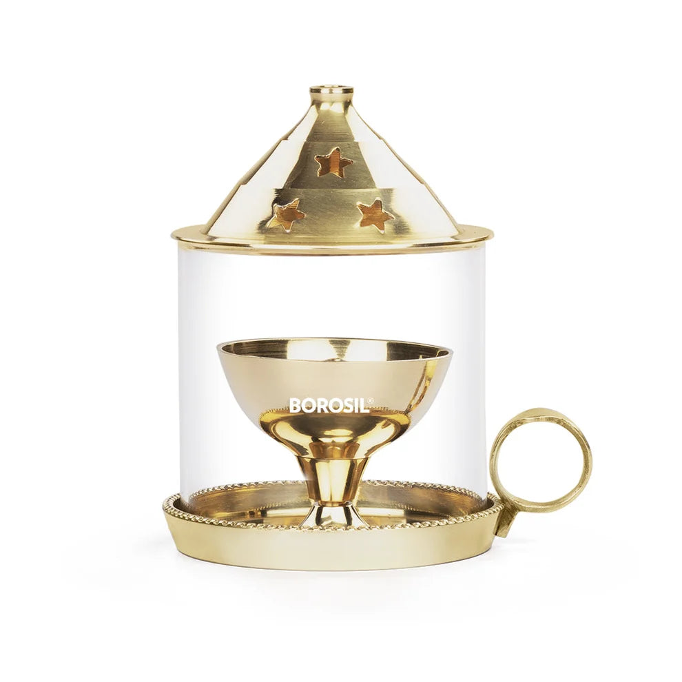 Borosil Mangal Akhand Diya – Medium Brass Oil Lamp with Borosilicate Glass Chimney