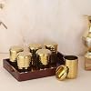 Chakmak Gold Finish Stainless Steel Hammered Glass Set of 6 with Serving Tray