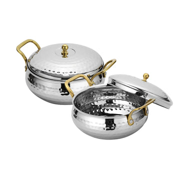 Chakmak Stainless Steel Opal Hammered Handi | 2 Pcs Set with PVD Handles