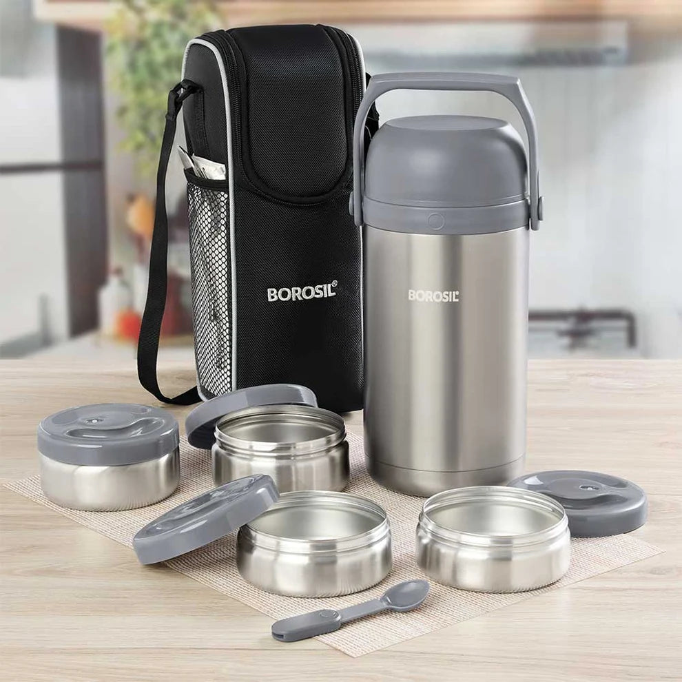 Borosil Hot n Fresh Round Stainless Steel Lunchbox with 4 Containers & Leak Proof