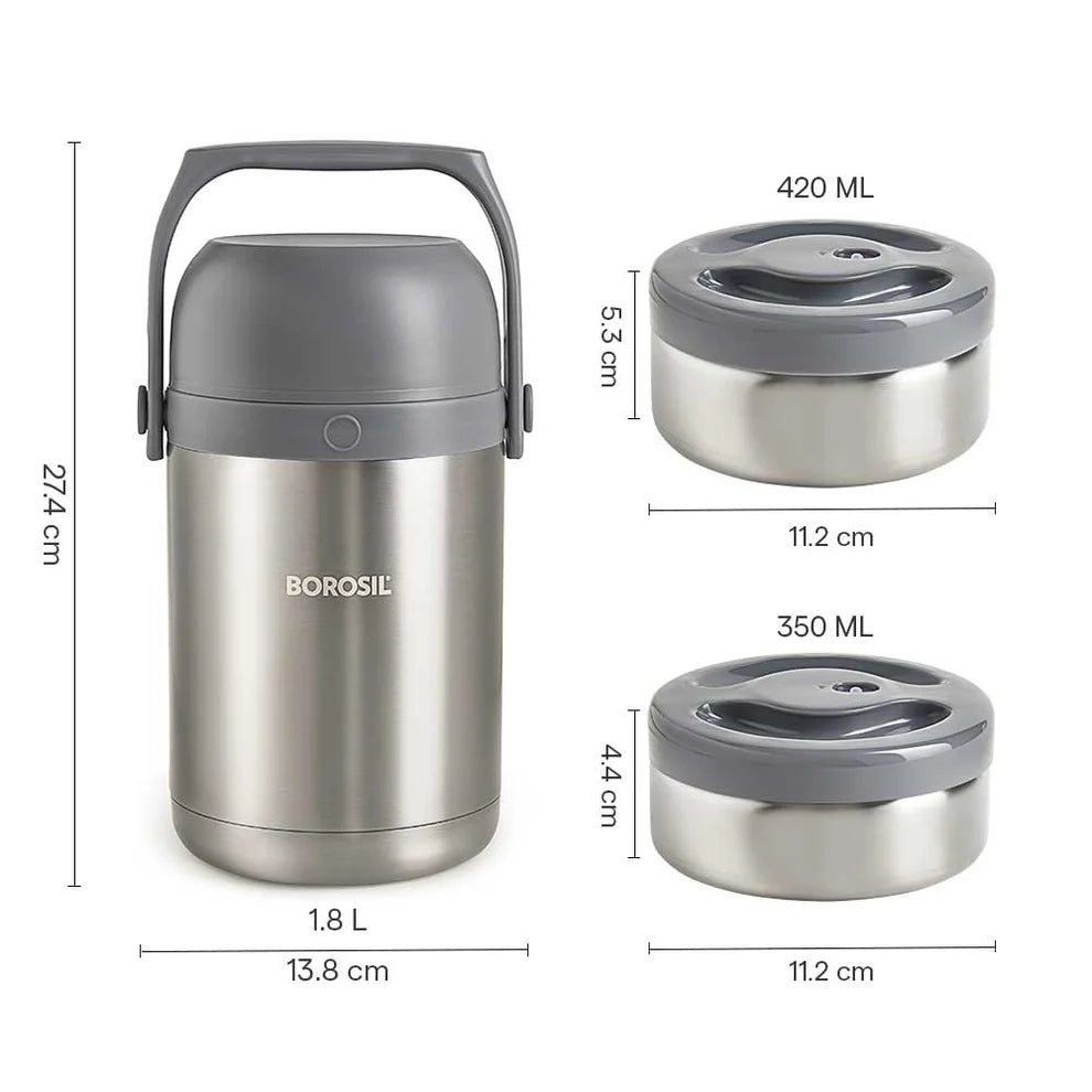 Borosil Hot n Fresh Round Stainless Steel Lunchbox with 3 Containers & Leak Proof