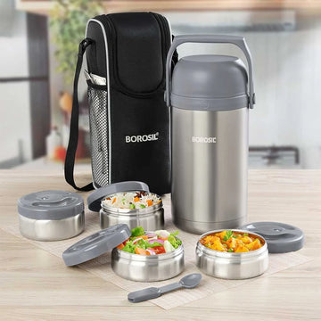 Borosil Hot n Fresh Round Stainless Steel Lunchbox with 4 Containers & Leak Proof