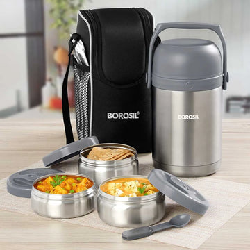 Borosil Hot n Fresh Round Stainless Steel Lunchbox with 3 Containers & Leak Proof
