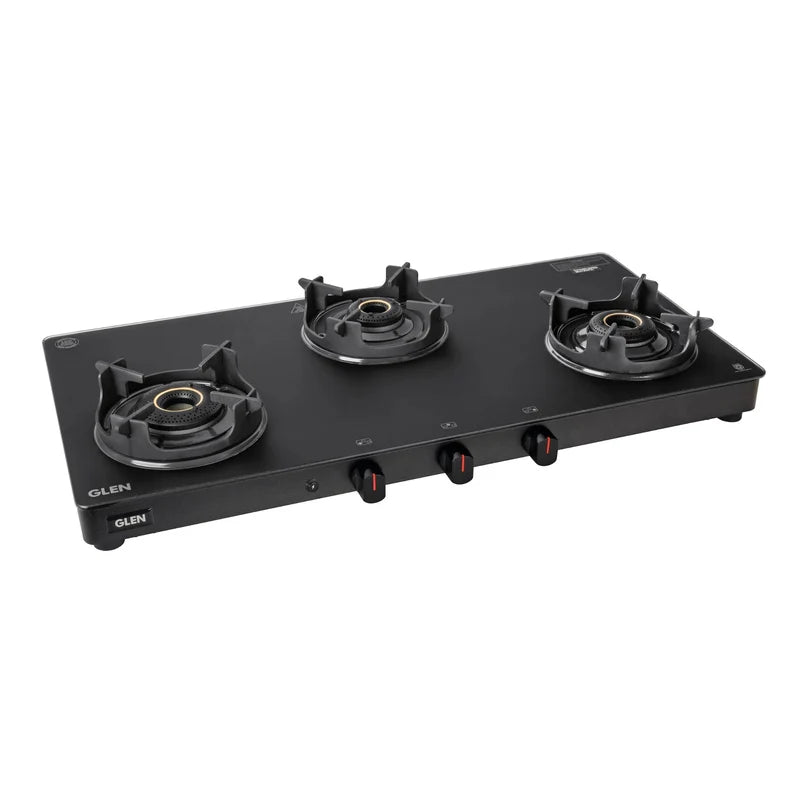 Glen CT1038SLCPBLMG 3 Burner Matt Finish Glass Gas Stove – High Flame Brass Burner, Crown Pan Supports, Vitreous Enamelled Drip Tray & Manual/Auto Ignition