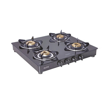 Glen 1043 GT BB BL PN 4 Burner PNG Glass Gas Stove – 6mm Toughened Black Glass, Brass Burners & Manual/Auto Ignition