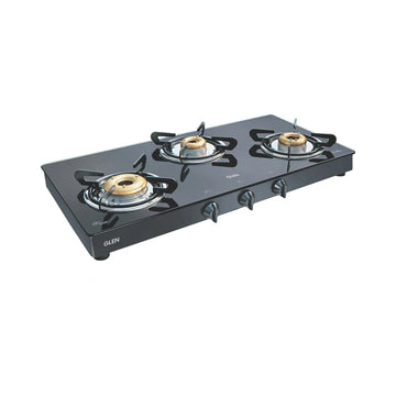 Glen CT1033GTXLFBDDBL 3 Burner Extra Large Glass Gas Stove – 8mm Toughened Black Glass, Forged Brass Burners, High Flame Burner, Double Drip Tray & Manual/Auto Ignition