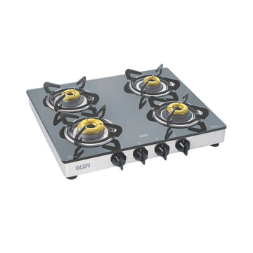 Glen CT1042GTFB 4 Burner Glass Gas Stove – 8mm Toughened Black Glass, Forged Brass Burners, 4mm Pan Supports, Matt SS Drip Tray & Manual/Auto Ignition