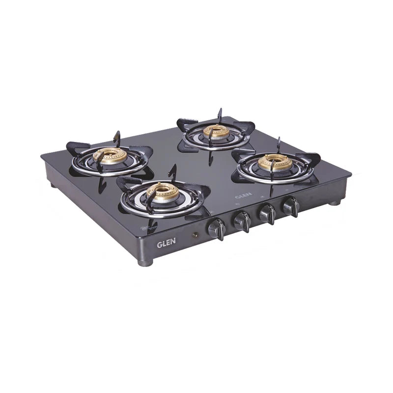 Glen 1043 GT BB BL PN 4 Burner PNG Glass Gas Stove – 6mm Toughened Black Glass, Brass Burners & Manual/Auto Ignition
