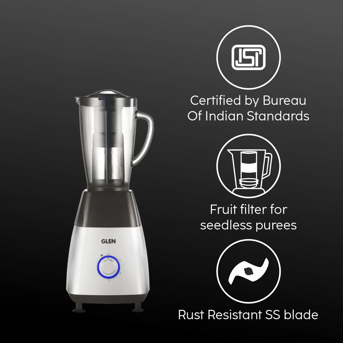 Glen SA4023 Platinum Mixer Grinder with 4 Jars - 1 Transparent & 3 Stainless Steel Jars