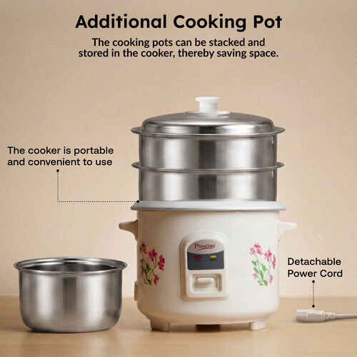 Prestige Delight PRWO Electric Rice Cooker with Steel Lid & 2 Aluminium Pans