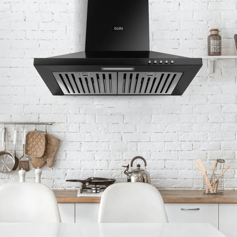 Glen 6050 IN BLK 60cm Pyramid Shape Kitchen Chimney – 1100 m³/h, SS Baffle Filters & Push-Button Control