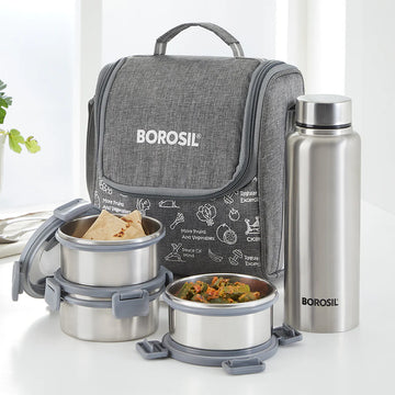 Borosil Slate Stainless Steel Lunch Box Set with 600ml Bottle