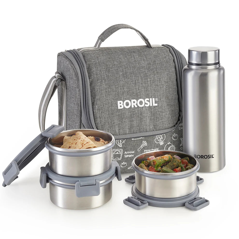 Borosil Slate Stainless Steel Lunch Box Set with 600ml Bottle