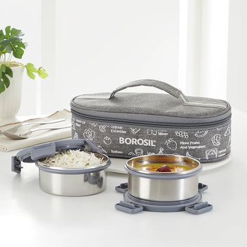 Borosil Slate Stainless Steel Lunch Box Set of 2 – Flat