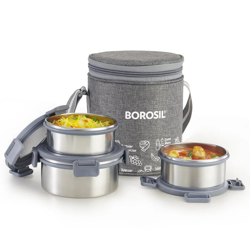 Borosil Slate Stainless Steel Lunch Box Set of 3