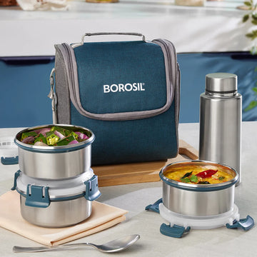 Borosil Superfresh Stainless Steel Lunch Box Set with Bottle