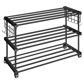 TNT The Next Trend Black Metal Rolling Shoe Rack with Wheels & Hooks