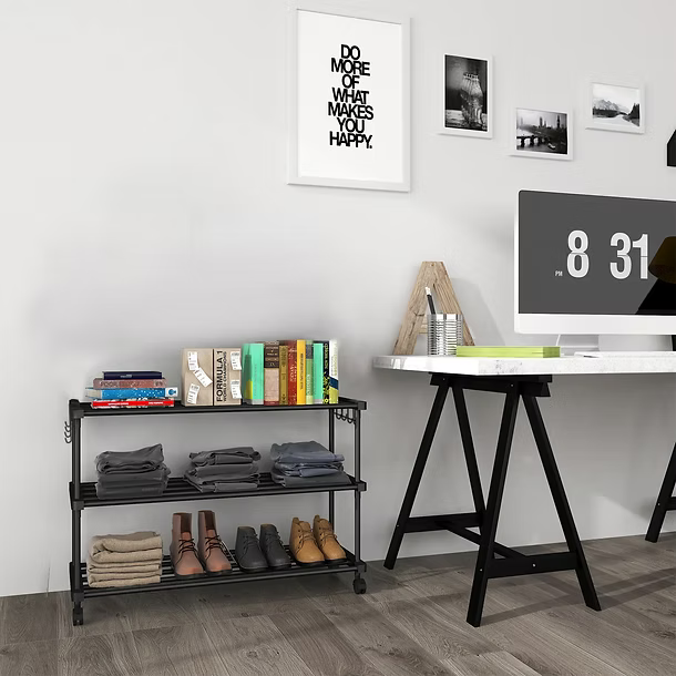 TNT The Next Trend Black Metal Rolling Shoe Rack with Wheels & Hooks