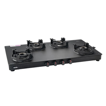 Glen CT1044SLCPBLMG 4 Burner Slim Matt Glass Gas Stove – High Flame Brass Burners, Crown Pan Supports, Matt Toughened Glass & Manual/Auto Ignition