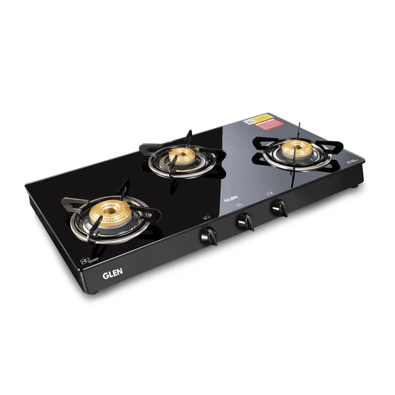 Glen CT1038GTBBBL 3 Burner Glass Gas Stove – 8mm Toughened Black Glass, High Flame Brass Burner, 4mm Pan Supports & Manual/Auto Ignition