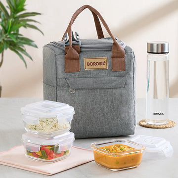 Borosil Gourmet Square Glass Lunch Box Set with Glass Bottle | Set of 4