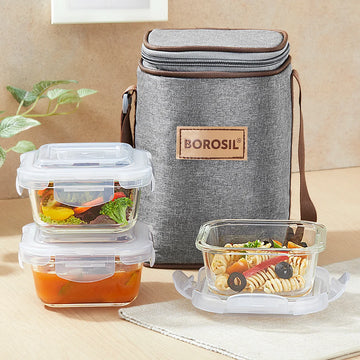 Borosil Pro Square Glass Lunch Box with Bag | Set of 3