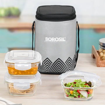 Borosil Mealbox Square Glass Lunch Box | Set of 3 with Bag