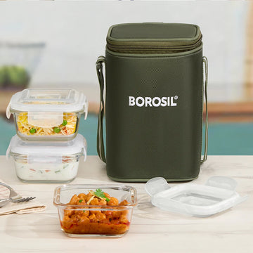 Borosil Eateasy Square Glass Lunch Box with Bag | Set of 3