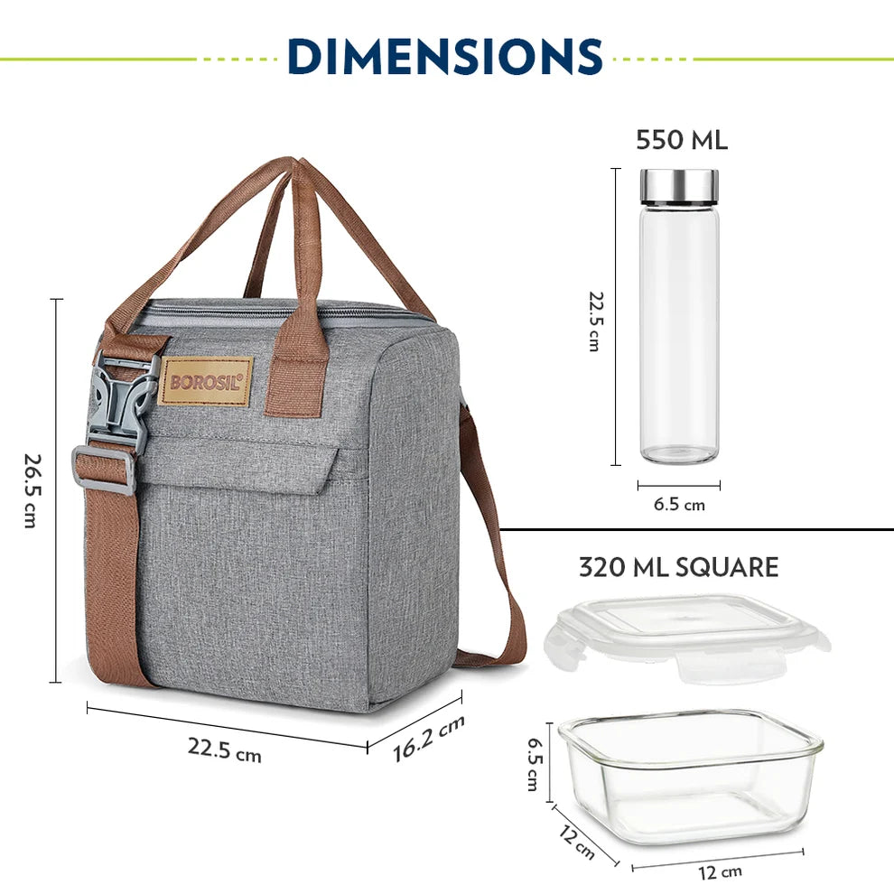 Borosil Gourmet Square Glass Lunch Box Set with Glass Bottle | Set of 4