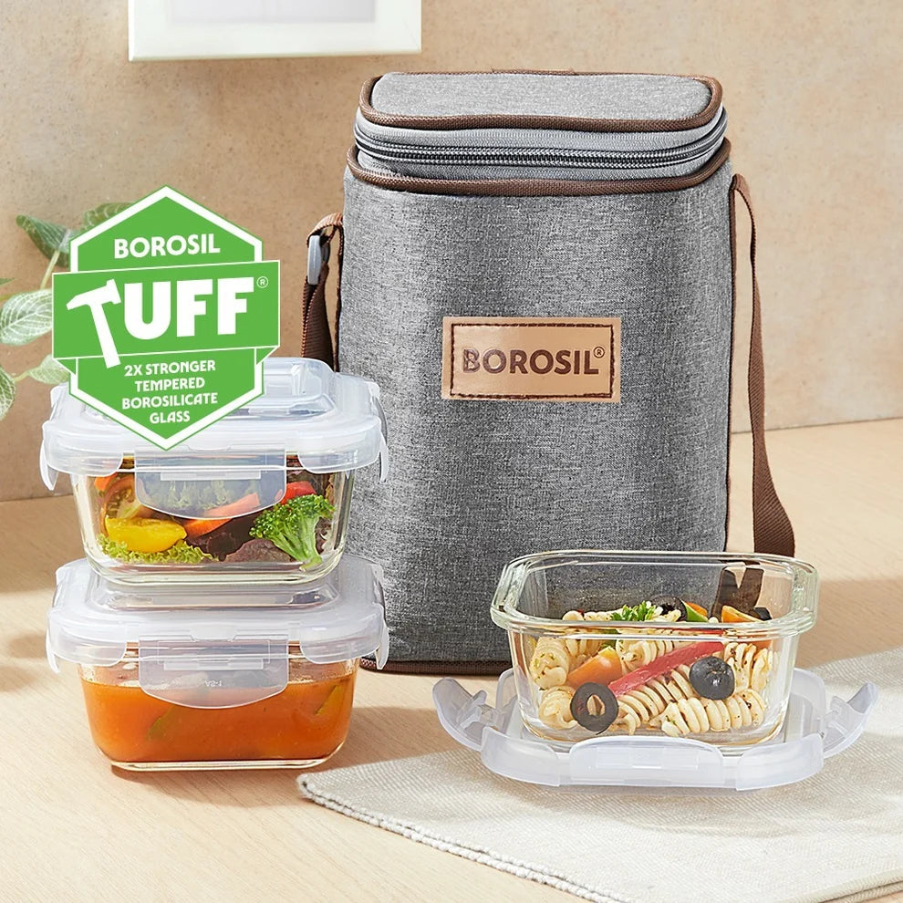 Borosil Pro Square Glass Lunch Box with Bag | Set of 3