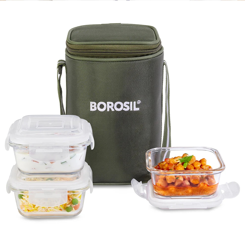 Borosil Eateasy Square Glass Lunch Box with Bag | Set of 3