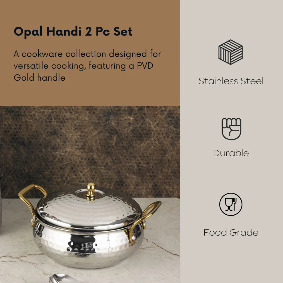 Chakmak Stainless Steel Opal Hammered Handi | 2 Pcs Set with PVD Handles