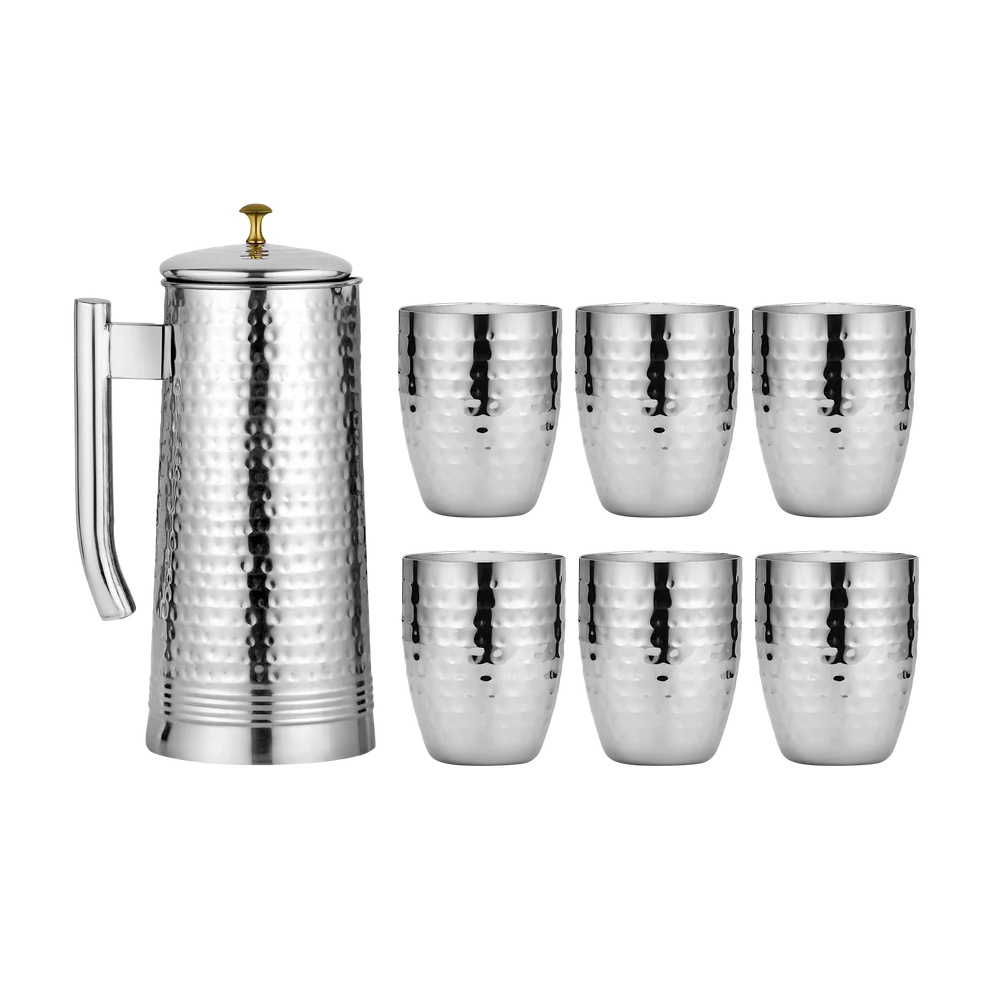 Chakmak Regal Lemon Hammered Steel Jug Set with 6 Glasses