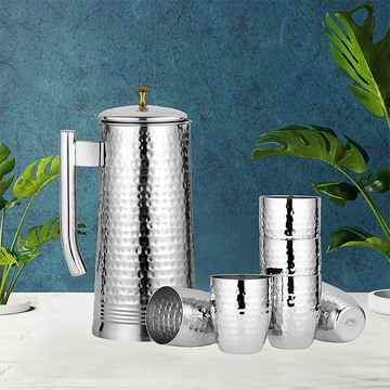Chakmak Regal Lemon Hammered Steel Jug Set with 6 Glasses