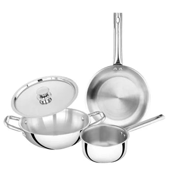 Prestige Triply Splendid 4-Piece Cookware Set with Tawa-Style Fry Pan, Kadai & Saucepan